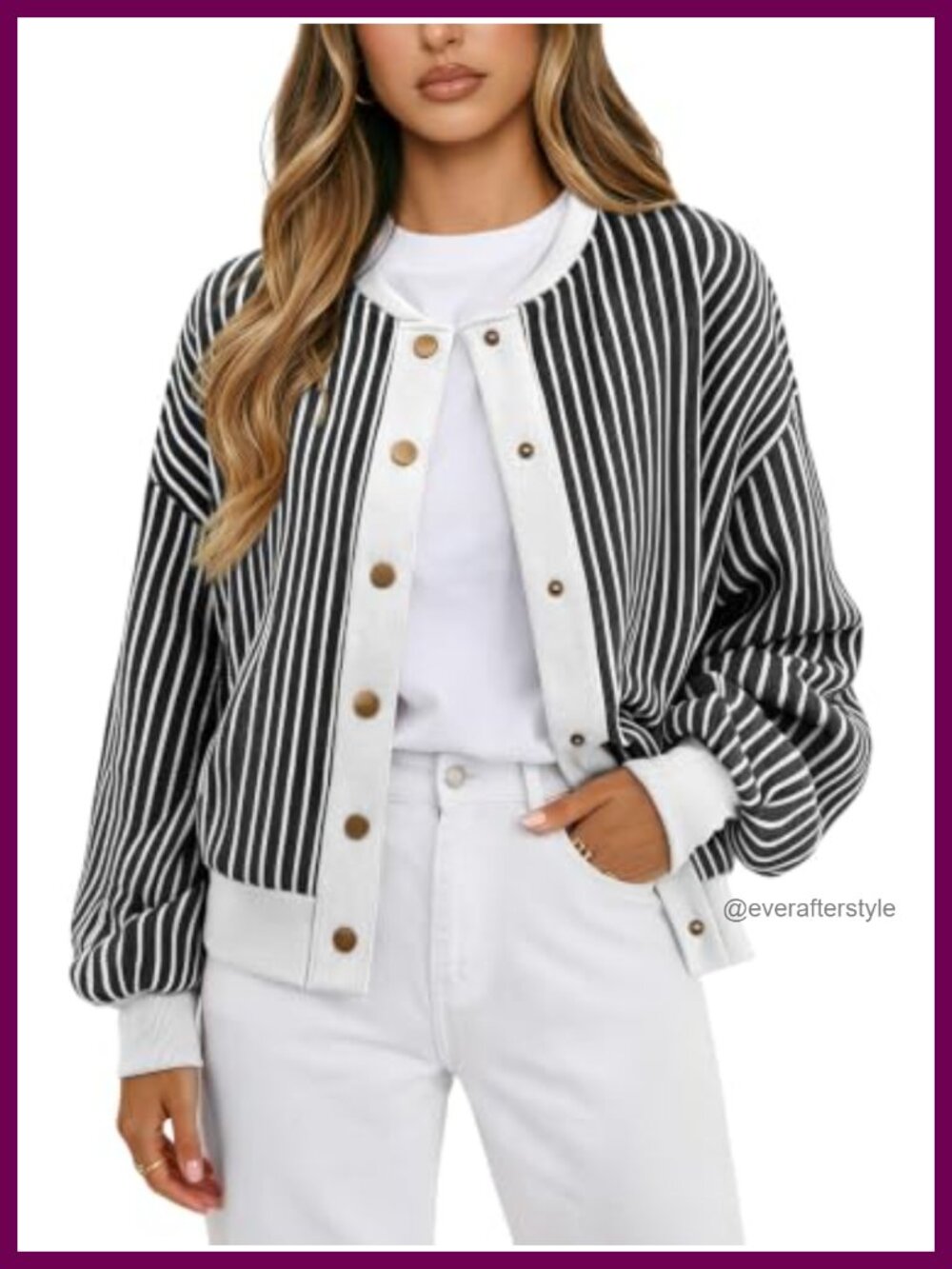 Striped Snap Front Bomber Cardigan Women Sweatshirt Coat